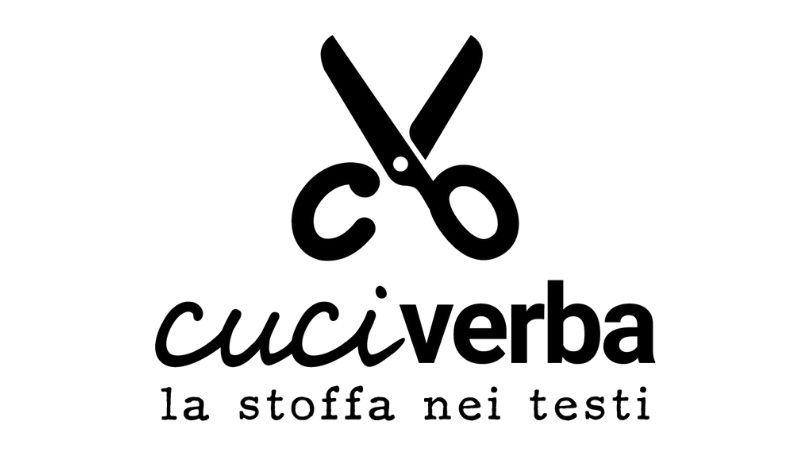 logo di Cuciverba, payoff "La stoffa nei testi" e icona con un paio di forbici