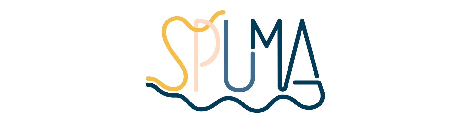 il logo di Spuma, in stampatello con lettere maiuscole, di diversi colori, dal giallo sabbia al blu del mare, con sotto il nome una ondina blu che parte dalla S e si aggancia alla A.