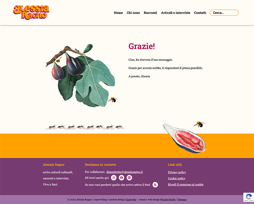 La pagina di ringraziamento del sito di Alessia Ragno, in cui le illustrazioni della visual designer Elisa Santambrogio vede protagonista il fico, con foglie e frutti.